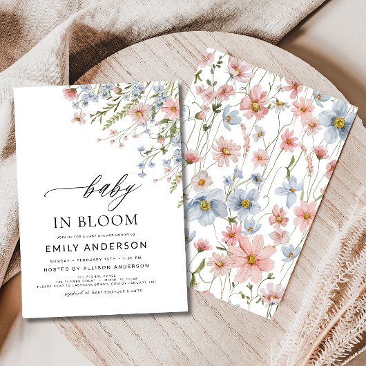 Invitation Bébé fleur sauvage en fleur Baby shower rose bleu