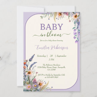 Invitation Bébé Fleur Sauvage en Fleur Violette Poussiéreuse