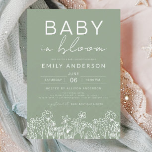Invitation Bébé fleur sauvage en fleurs Baby shower Sage Gree