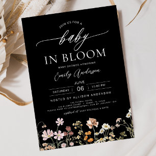 Invitation Bébé Fleur sauvage noir dans le Baby shower en fle