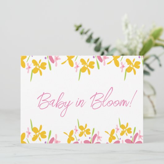 Invitation Bébé fleur sauvage rose et jaune en fleur (Debout devant)