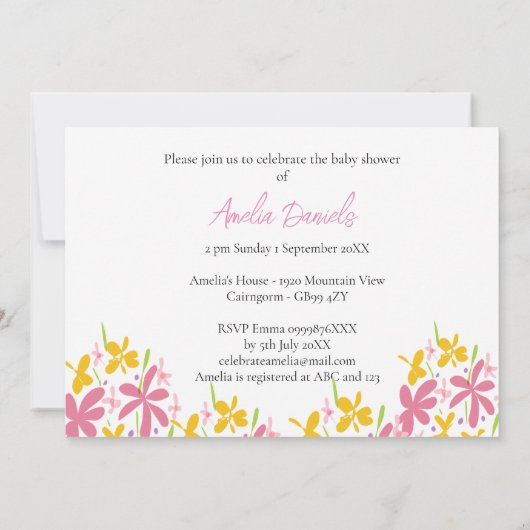 Invitation Bébé fleur sauvage rose et jaune en fleur (Dos)