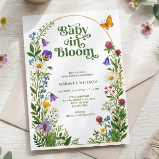 Invitation Bébé Fleur Sauvage Verte Fête de Naissance Baby Sh
