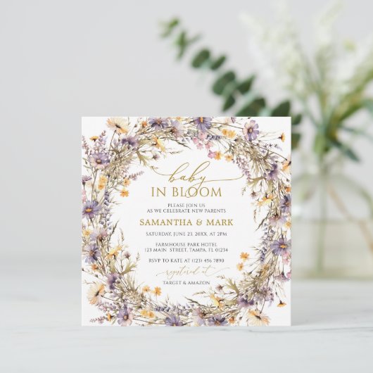 Invitation Bébé Fleur sauvage violet dans douche fleurie (Debout devant)