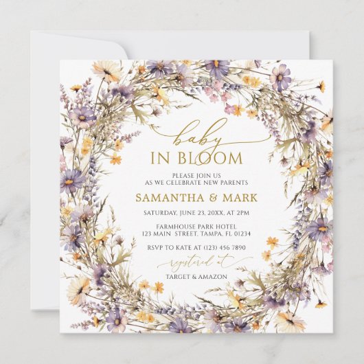 Invitation Bébé Fleur sauvage violet dans douche fleurie (Devant)