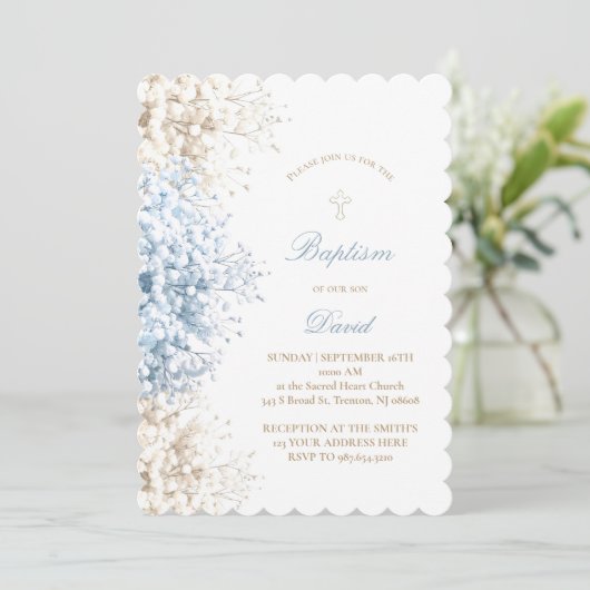 Invitation Bébé Fleurs du souffle bébé garçon Baptême (Debout devant)