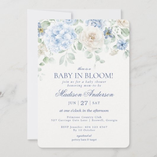Invitation Bébé Floral bleu en Fleur Baby shower Hydrangea (Devant)