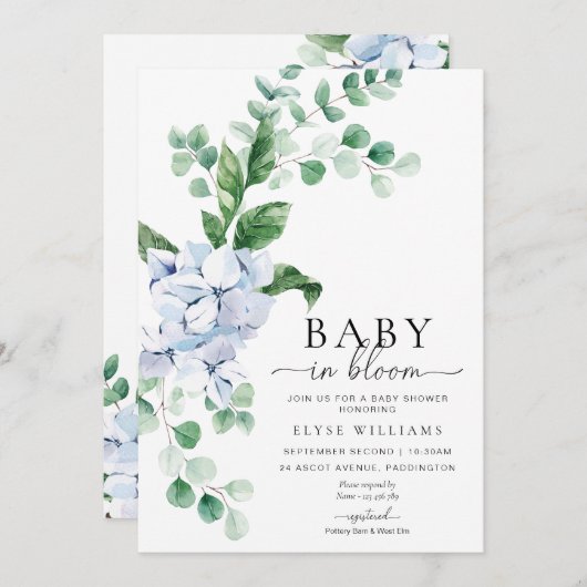 Invitation Bébé Floral Hydrangea Bleu Dans Douche Fleurie (Devant / Derrière)