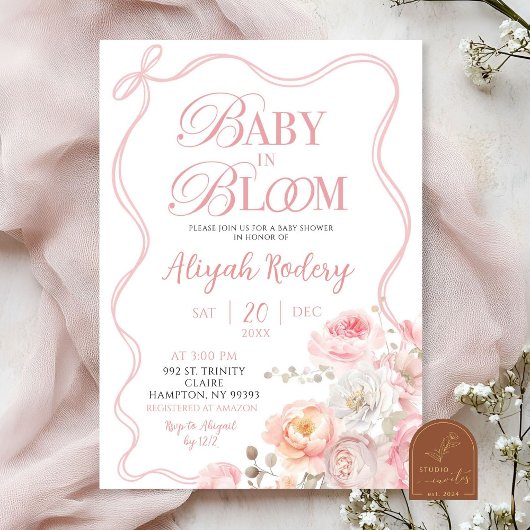 Invitation Bébé floral rose en fleurs dans le Baby shower en