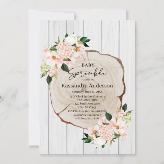 Invitation Bébé floral roux de bois rustique (Devant)