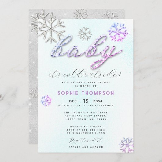 Invitation Bébé froid à l'extérieur de Rhinestones violets Fi (Devant / Derrière)