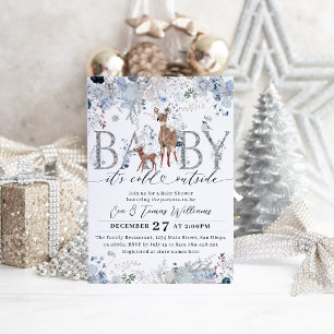 Invitation Bébé froid à l'extérieur Floral & Cerf Bébé Garçon
