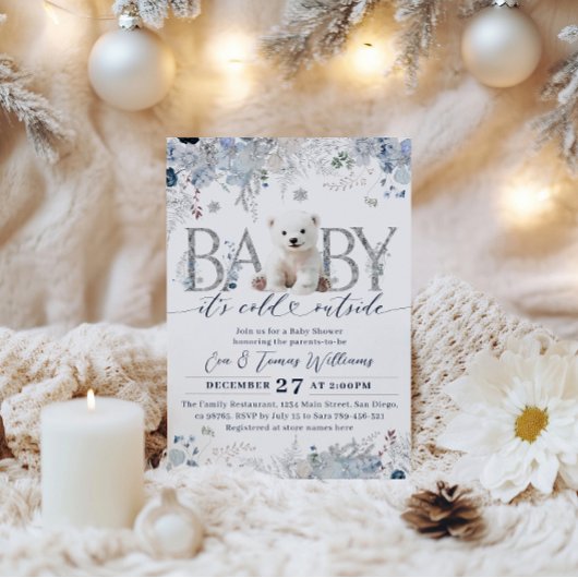 Invitation Bébé froid à l'extérieur Floral & Ours Bébé Garçon