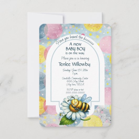 Invitation Bébé garçon abeille dans une douche de fleurs (Devant)