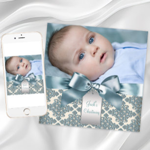 Invitation Bébé garçon beige bleu damas photo baptême