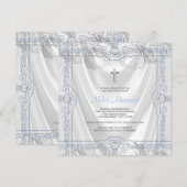 Invitation Bébé garçon bleu argenté baptême satin blanc (Devant / Derrière)