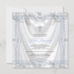 Invitation Bébé garçon bleu argenté baptême satin blanc