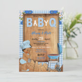 Invitation Bébé Garçon Bleu En vichy Fleurs de bois Bébé Q Ba (Debout devant)