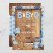 Invitation Bébé Garçon Bleu En vichy Fleurs de bois Bébé Q Ba (Devant / Derrière)