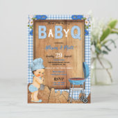 Invitation Bébé Garçon Bleu En vichy Fleurs de bois Bébé Q Ba (Debout devant)