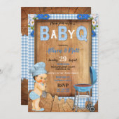 Invitation Bébé Garçon Bleu En vichy Fleurs de bois Bébé Q Ba (Devant / Derrière)