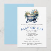 Invitation Bébé Garçon Bleu Lit Douche Florale (Devant / Derrière)