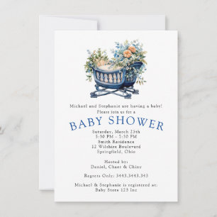 Invitation Bébé Garçon Bleu Lit Douche Florale