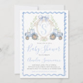 Invitation Bébé Garçon Blue Tracteur Douche Monogramme Crest (Devant)