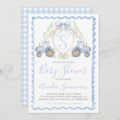 Invitation Bébé Garçon Blue Tracteur Douche Monogramme Crest (Devant / Derrière)