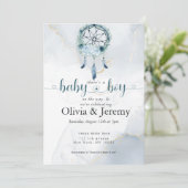 Invitation Bébé garçon BOHO Attrape-rêves sarcelle et bleu po (Debout devant)