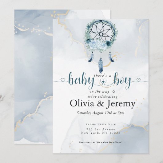Invitation Bébé garçon BOHO Attrape-rêves sarcelle et bleu po (Devant / Derrière)