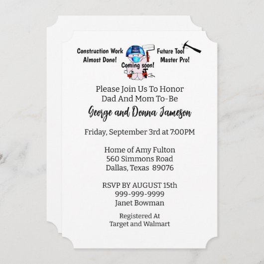 Invitation Bébé garçon charpentier  (Devant / Derrière)