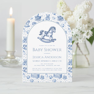Invitation Bébé Garçon Cheval à Bascule Shower Bleu et Blanc