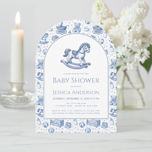Invitation Bébé Garçon Cheval à Bascule Shower Bleu et Blanc