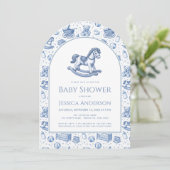 Invitation Bébé Garçon Cheval à Bascule Shower Bleu et Blanc (Debout devant)