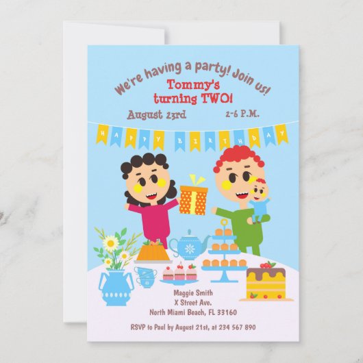 Invitation Bébé garçon deuxième anniversaire gâteau doux invi (Devant)