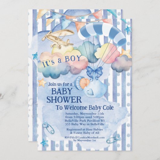 Invitation bébé garçon douche (Devant / Derrière)