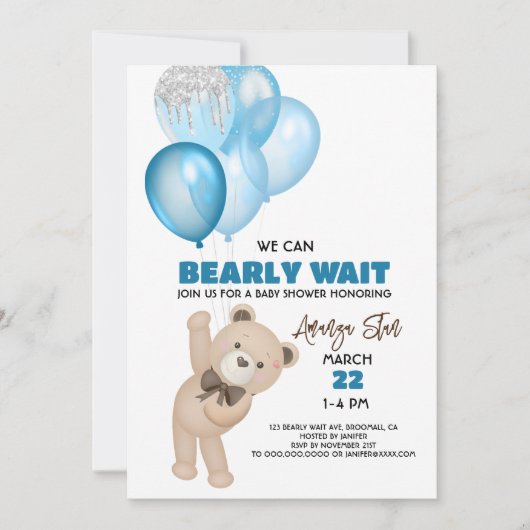 invitation bébé garçon douche à l'ours beige atten (Devant)