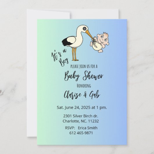 Invitation Bébé garçon douche avec cigogne & bébé, bleu&vert (Devant)
