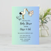 Invitation Bébé garçon douche avec cigogne & bébé, bleu&vert (Debout devant)