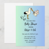 Invitation Bébé garçon douche avec cigogne & bébé, bleu&vert (Devant / Derrière)