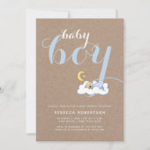 Invitation Bébé garçon douche kraft papier typographie bleu (Devant)