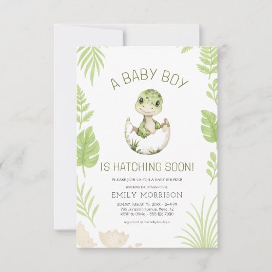 Invitation Bébé garçon douche mignonette Dinosaure Hatching B (Devant)