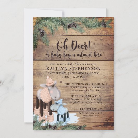Invitation Bébé Garçon Douche mignonne Cerf d'hiver rustique (Devant)