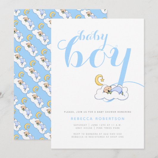 Invitation Bébé garçon endormi douche élégante typographie bl (Devant / Derrière)