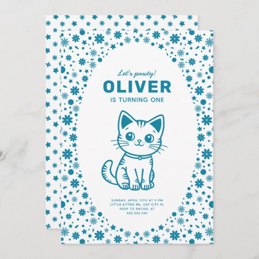 Invitation Bébé garçon fête d'anniversaire avec chaton super  (Devant / Derrière)