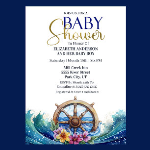 Invitation Bébé garçon : Fête prénatale - Voilier et fleurs t