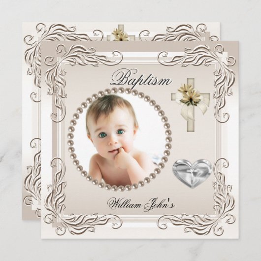 Invitation Bébé Garçon Fille Beige Crème Baptême (Devant / Derrière)