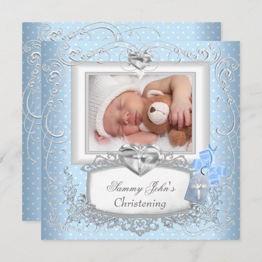 Invitation Bébé Garçon Fille Bleu Baptême Croix Baptême Blanc (Devant / Derrière)