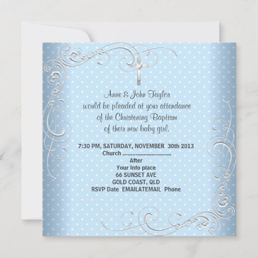 Invitation Bébé Garçon Fille Bleu Baptême Croix Baptême Blanc (Dos)
